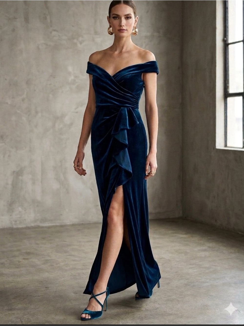 Oleg Cassini Sapphire Blue Velvet Off-the-Shoulder Ruffle Sheath Formal Dress 14